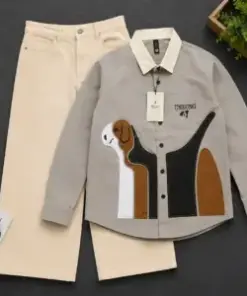 Quirky Abstract Dog Print Shirt and Cream Wide-Leg Pants Set
