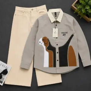 Quirky Abstract Dog Print Shirt and Cream Wide-Leg Pants Set