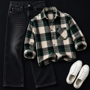 Trendy Green and Beige Plaid Flannel with Washed Black Jeans Combo