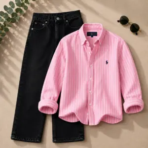 Vibrant Pink Striped Oxford Shirt and Black Jeans Combo