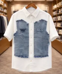 Men’s Designer White Shirt – Denim Patchwork Statement Style