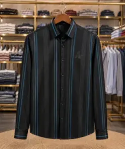 Men’s Luxury Vertical Striped Shirt – Black & Blue Full Sleeve Smart Outfit