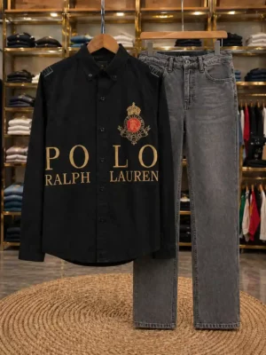 Men’s Modern Logo Print Shirt Set – Black Shirt with Grey Denim Jeans