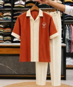 Men’s Rust Contrast Shirt with Cream Trouser Set