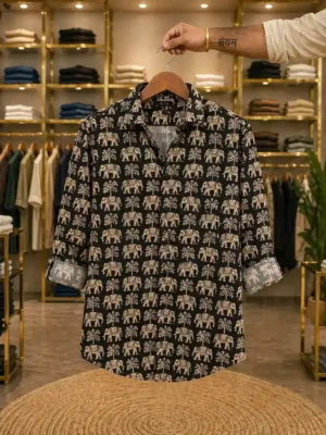Men’s Stylish Elephant Print Shirt – Black Designer Full Sleeve Casual Shirt