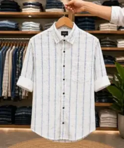 Men’s Stylish Printed Shirt – White & Blue Textured Half Sleeve Shirt