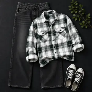 Rugged Green Checkered Flannel Shirt and Washed Black Jeans Outfit