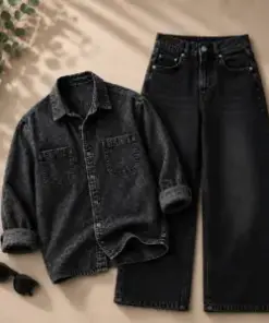 Edgy Charcoal Textured Denim Overshirt and Wide-Leg Pants Set
