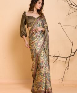 Lemon Yellow Floral Printed Semi Crepe Designer Saree