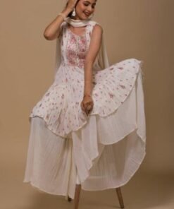 Cream Threadwork Georgette Readymade Sharara Suit