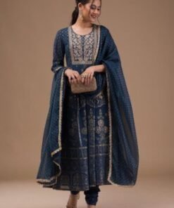 Peacock Blue Printed Crepe Readymade Salwar Suit