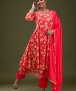 Red Printed Semi Crepe Readymade Salwar Suit