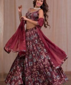 Brown Cutdana Satin Readymade Lehenga