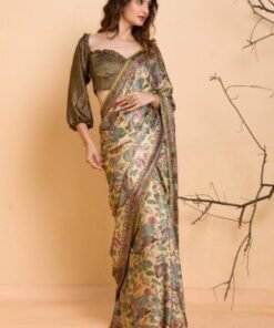 Yellow Floral Printed Organza Designer Saree